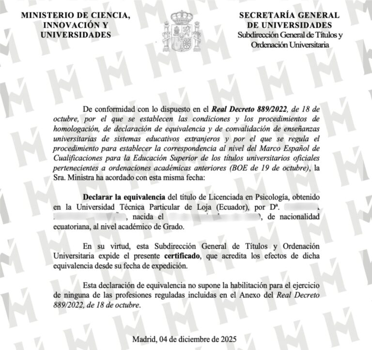 EQUIVALENCIA DE TÍTULO UNIVERSITARIO