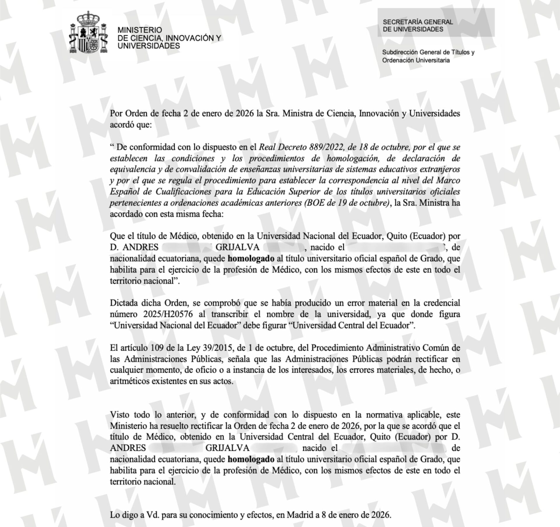 Credencial / Resolución de Dr. Andrés Grijalva